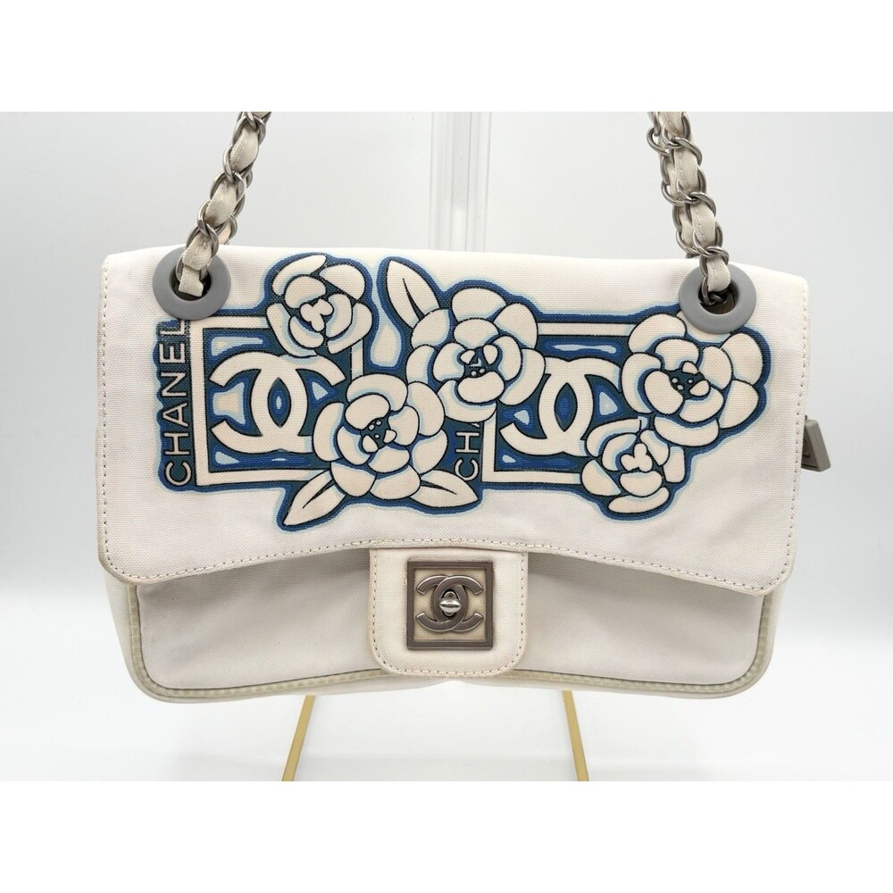 Chanel White & Blue Floral Print Nylon Canvas Sport CC Flap Bag Vintage Y2K - Picture 2 of 16